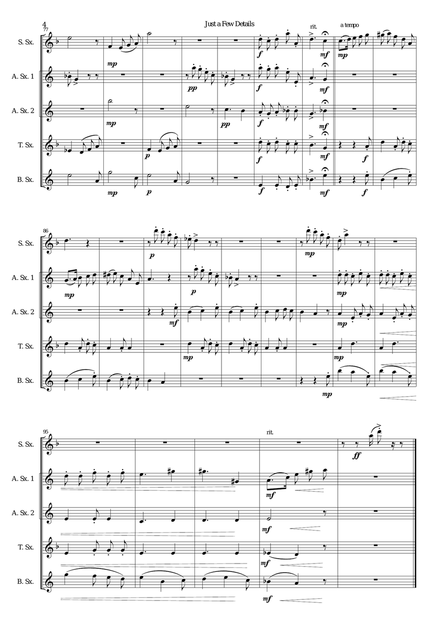 Just a Few Details for saxophone quintet (sop, 2 altos, tenor, bari) Saxophone Quintet scores gallery preview page 4