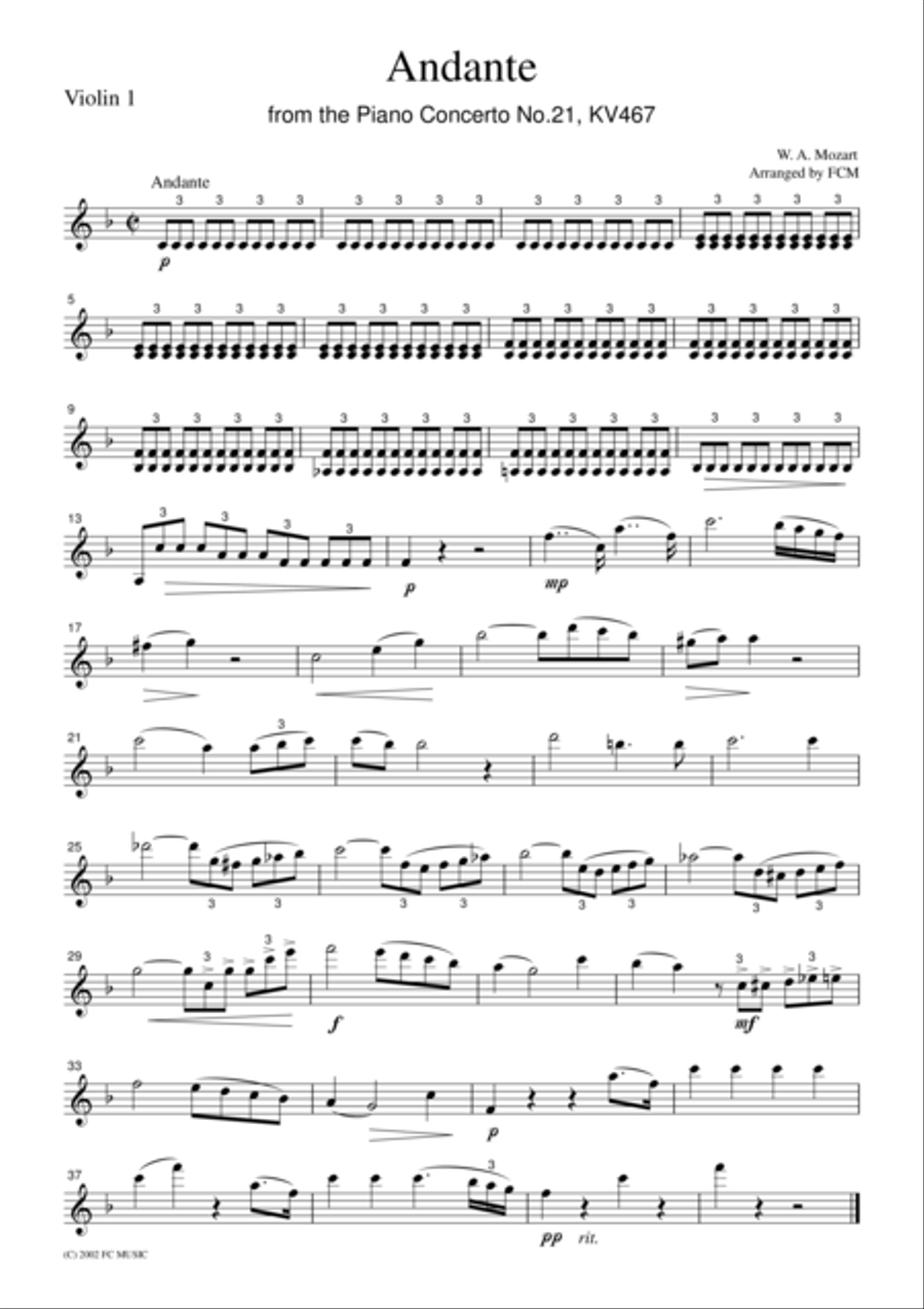 Mozart Andante from the Piano Concerto No.21, KV467, for string quartet, CM005 String Quartet scores gallery preview page 1