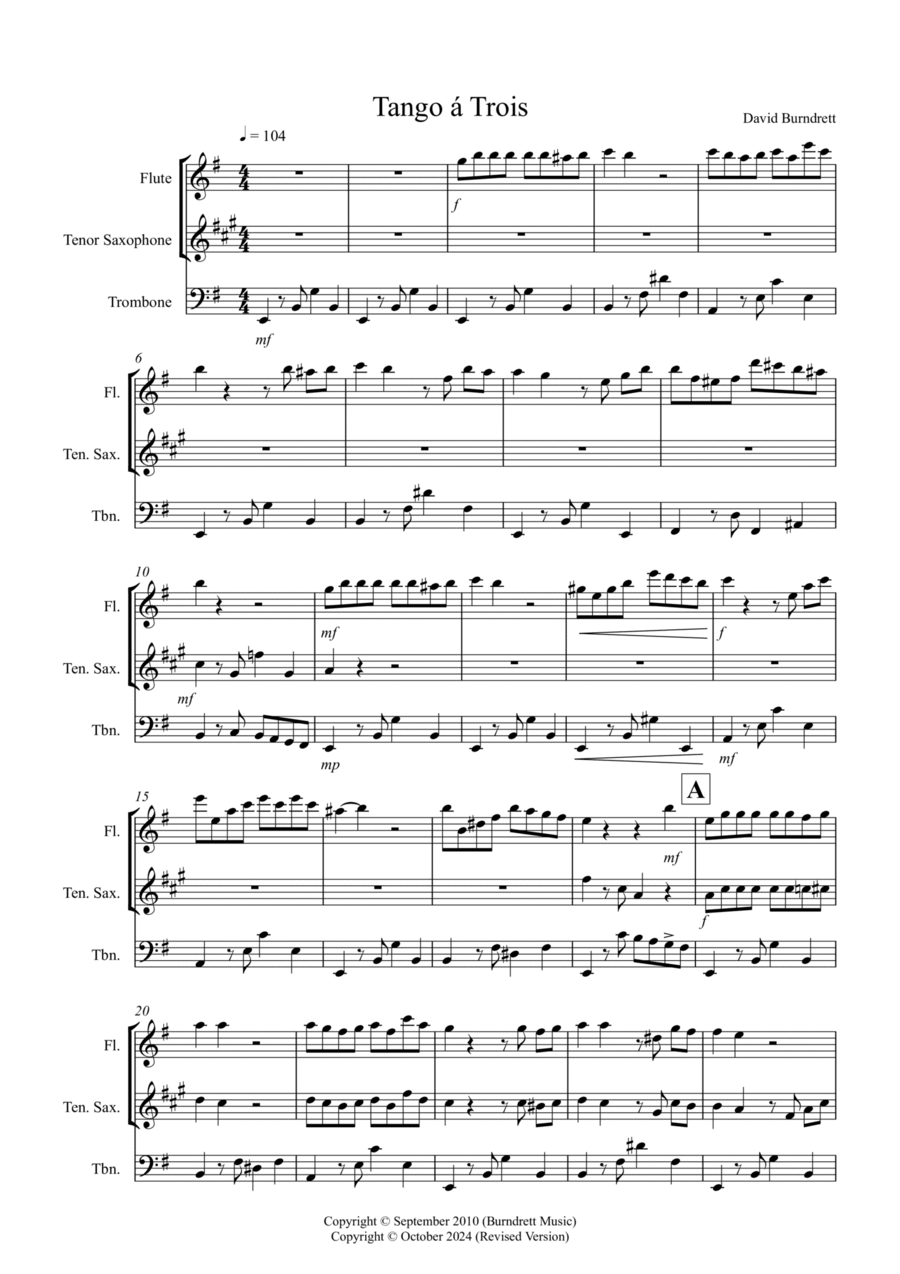 Tango a Trios for Flute, Tenor Saxophone and Trombone Trio Small Ensemble scores gallery preview page 1