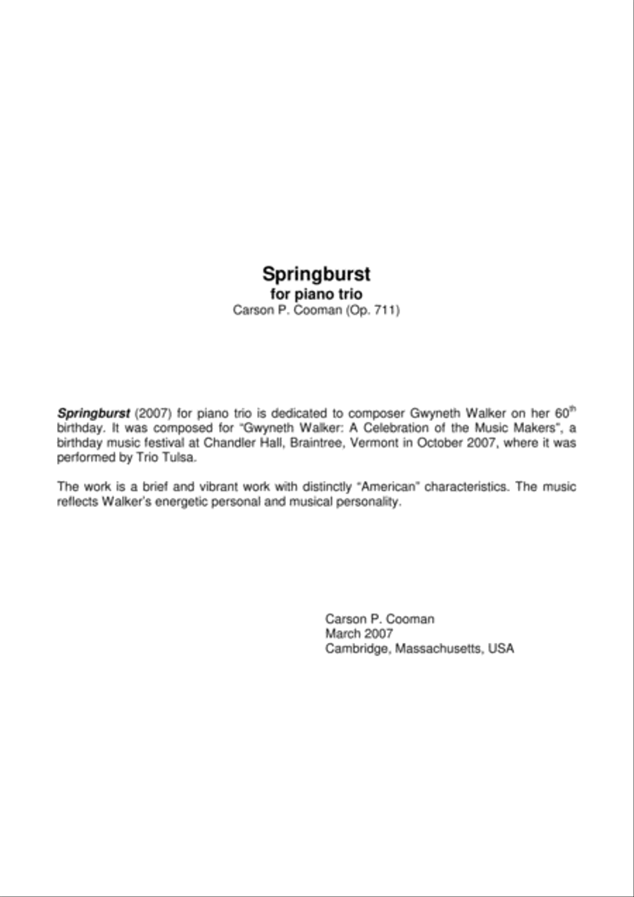 Carson Cooman: Springburst (2007) for piano trio Piano Trio scores gallery preview page 1