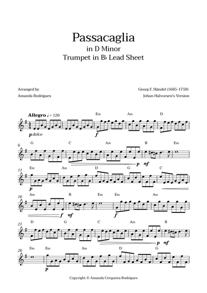 Passacaglia - Easy Trumpet in Bb Lead Sheet in Dm Minor (Johan Halvorsen's Version) image number null