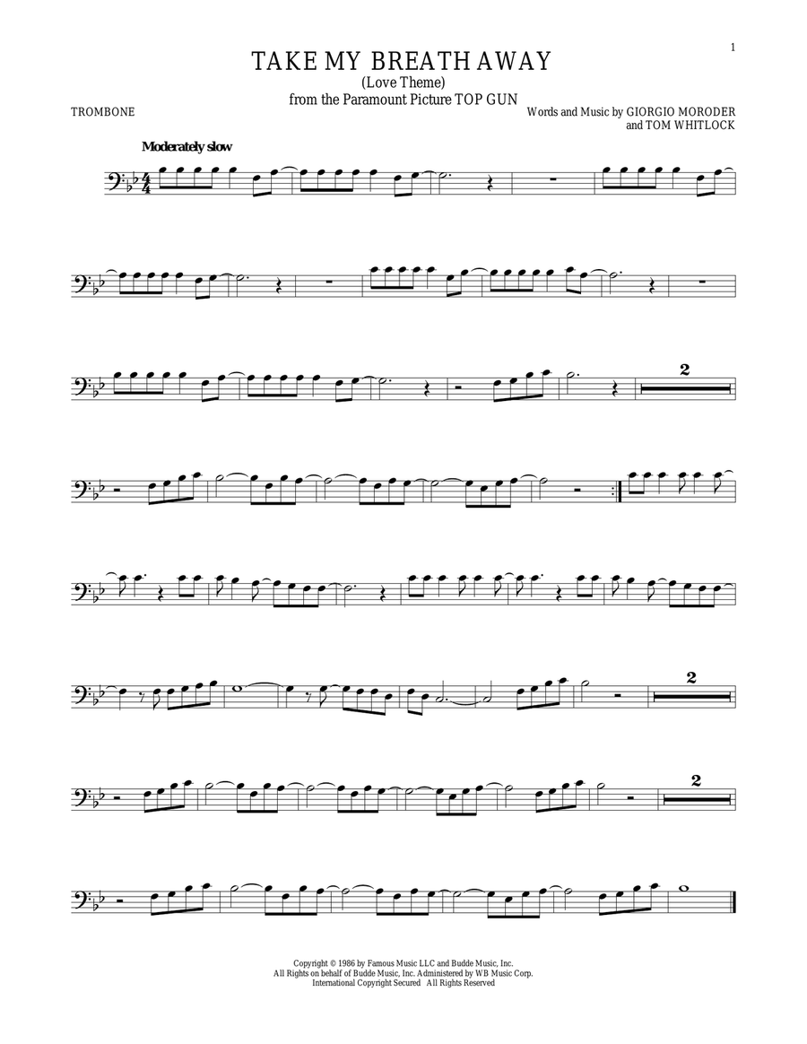 Take My Breath Away (Love Theme) Trombone Solo scores gallery preview page 1