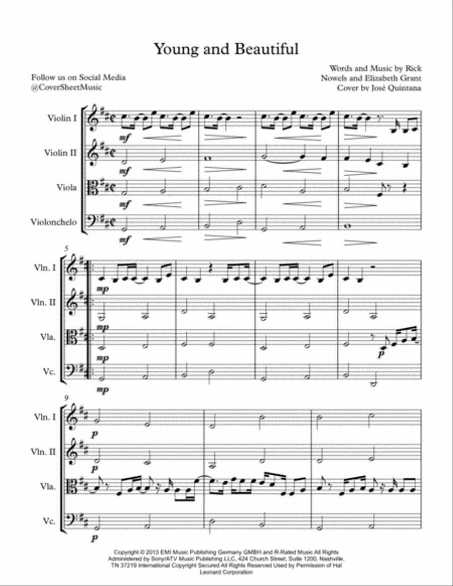 Young And Beautiful Young And Beautiful String Quartet scores gallery preview page 2