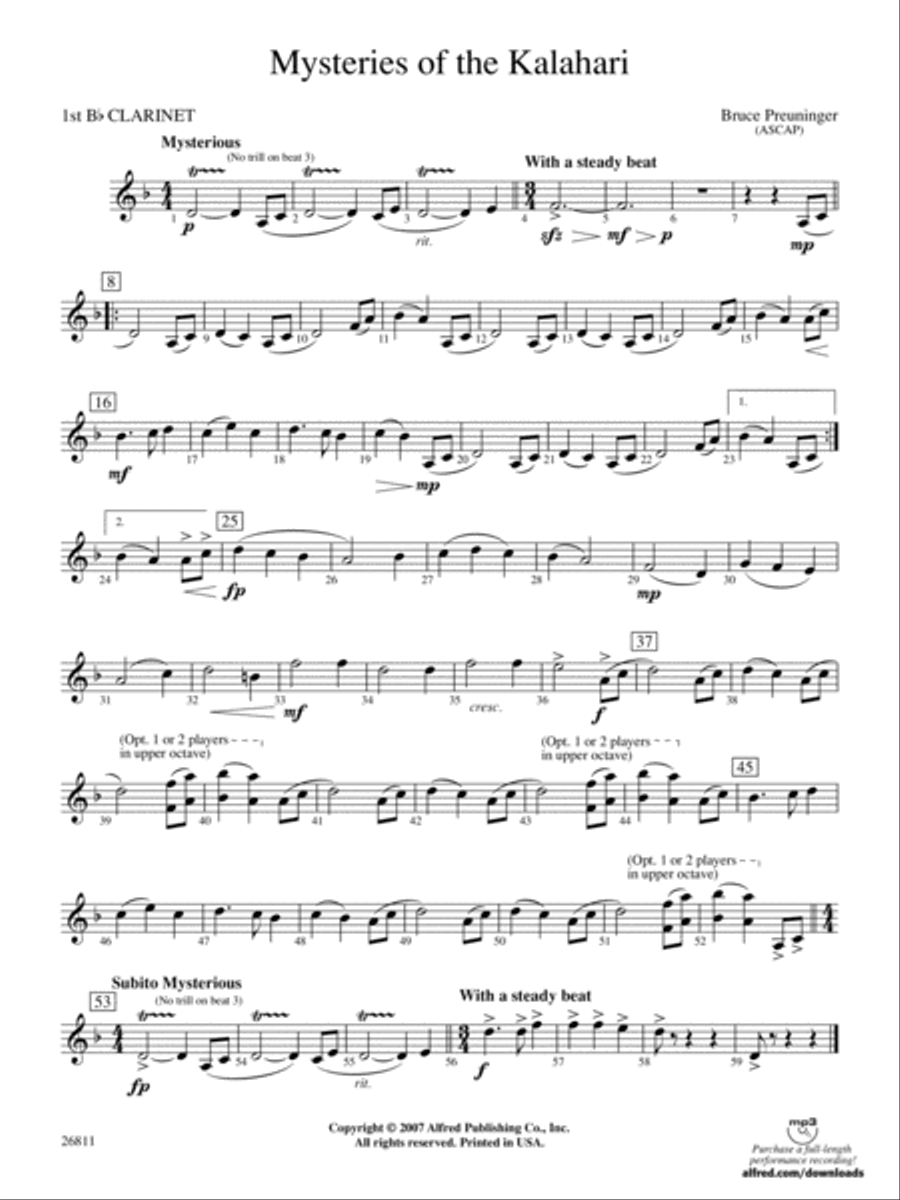 Mysteries of the Kalahari: 1st B-flat Clarinet Concert Band scores gallery preview page 1