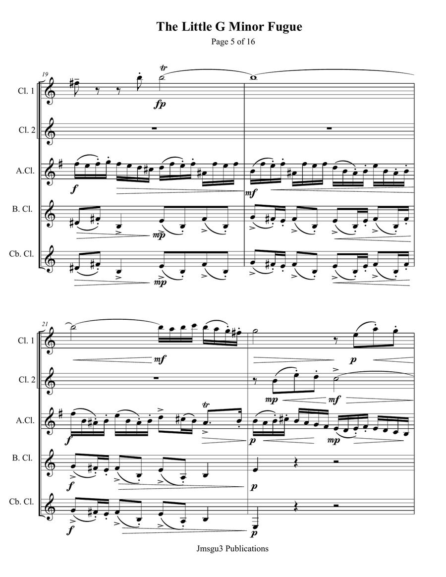 Bach: The Little G Minor Fugue BWV 578 for Clarinet Quintet Clarinet Quintet scores gallery preview page 5