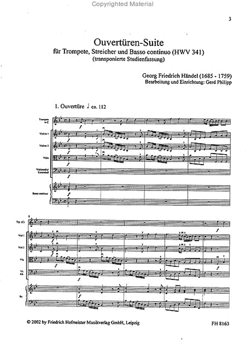 Ouverturen-Suite fur Trompete, Streicher und B.c. (HWV 341) / Partitur