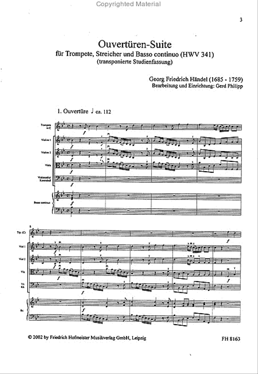 Ouvertüren-Suite für Trompete, Streicher und B.c. (HWV 341) / Partitur Trumpet scores gallery preview page 2
