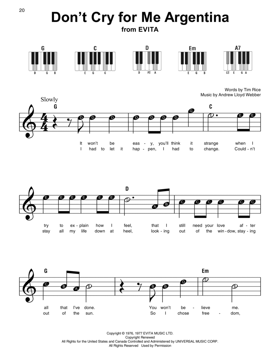 Don't Cry For Me Argentina Easy Piano scores gallery preview page 1
