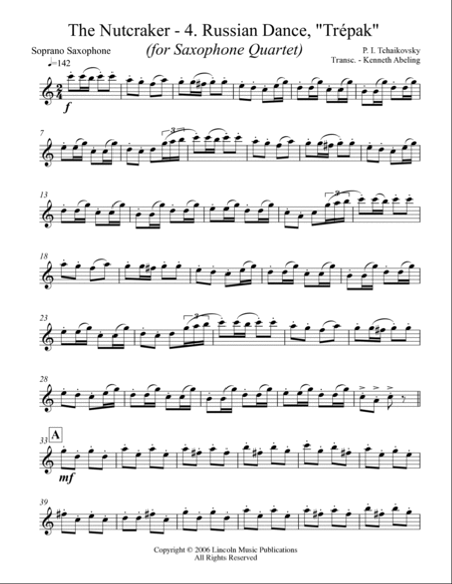 The Nutcracker Suite - 4. Russian Dance, Trépak (for Saxophone Quartet SATB) Saxophone Quartet scores gallery preview page 5