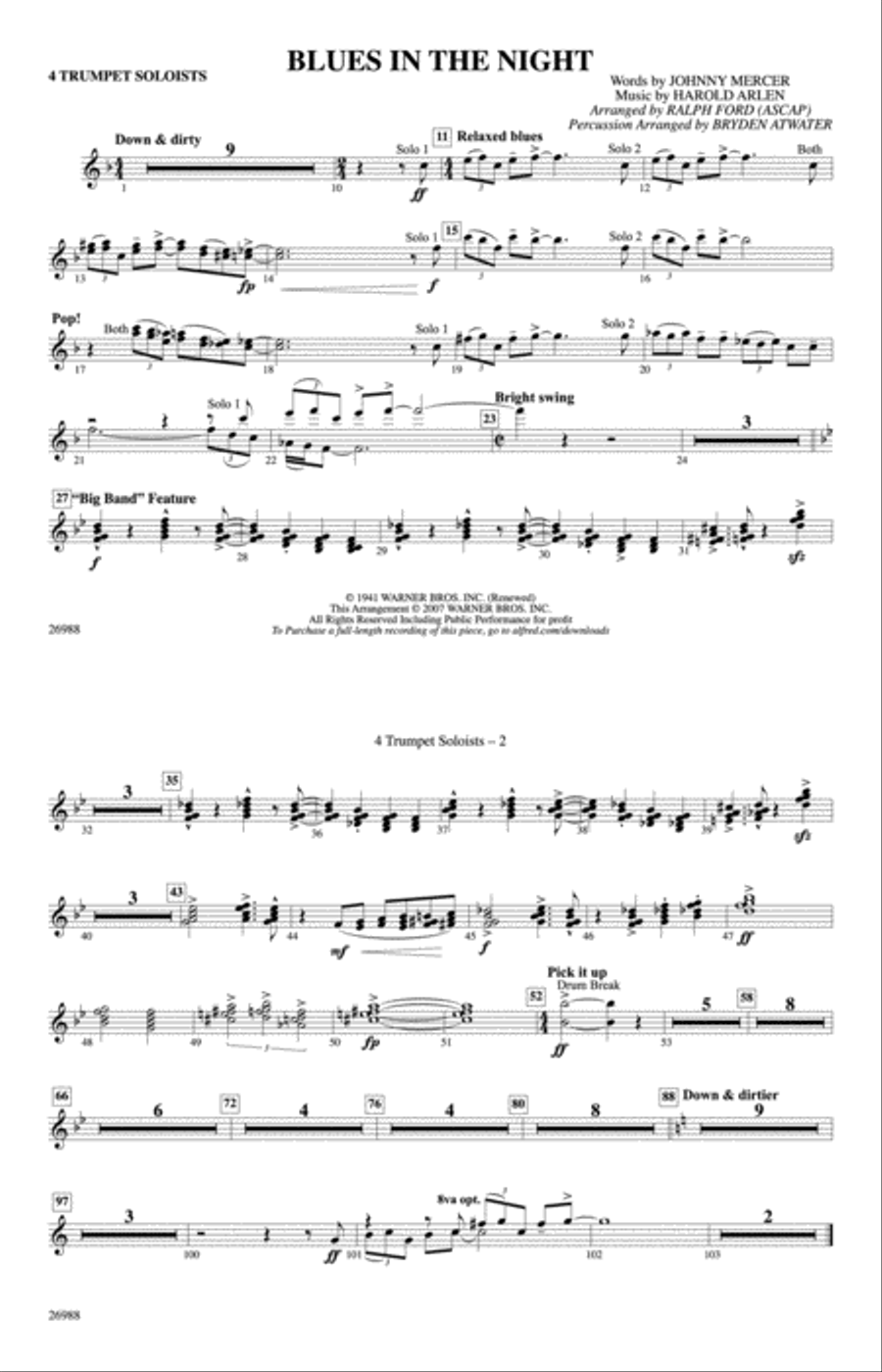 Blues in the Night: 1st Trumpet Quartet 1 Marching Band scores gallery preview page 1