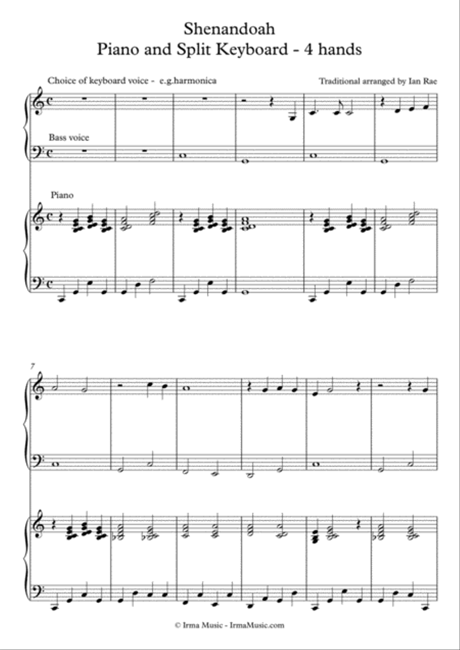 Shenandoah - Beginner keyboard - intermediate piano - 4 hands Easy Piano scores gallery preview page 1