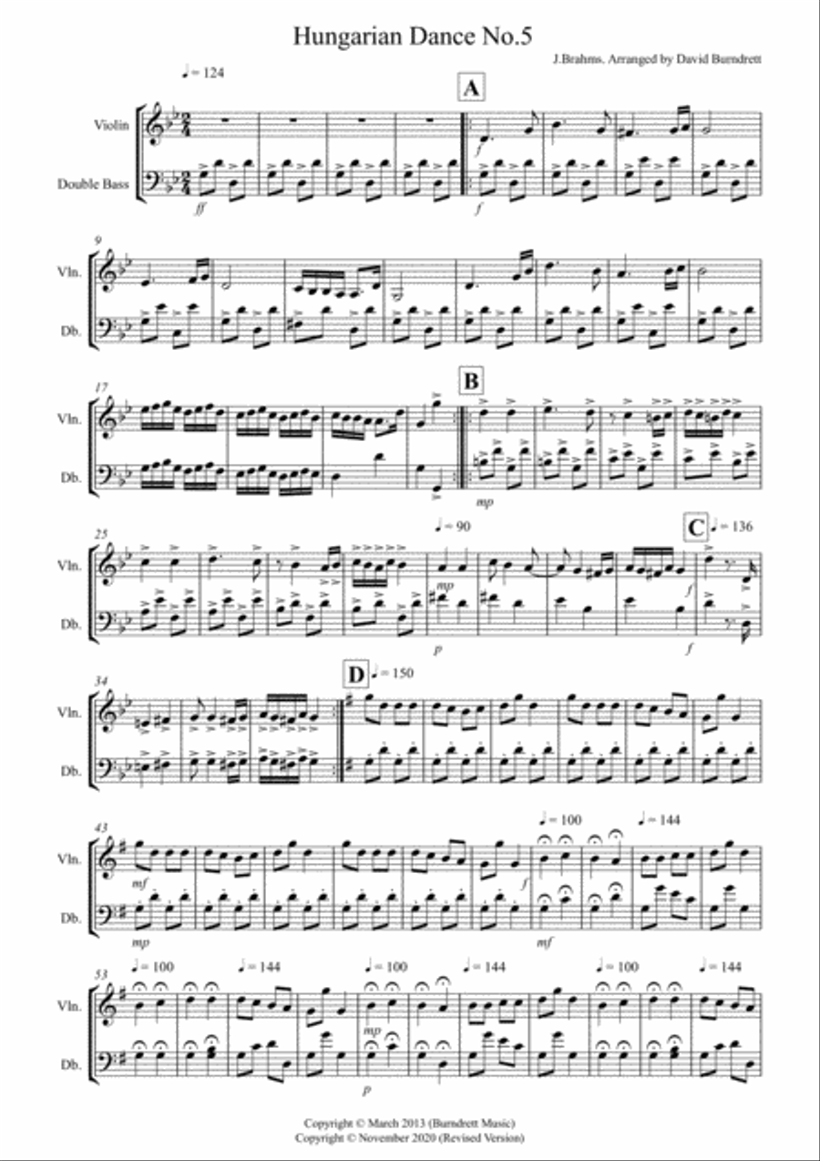 Hungarian Dance No.5 for Violin and Double Bass String Duet scores gallery preview page 1