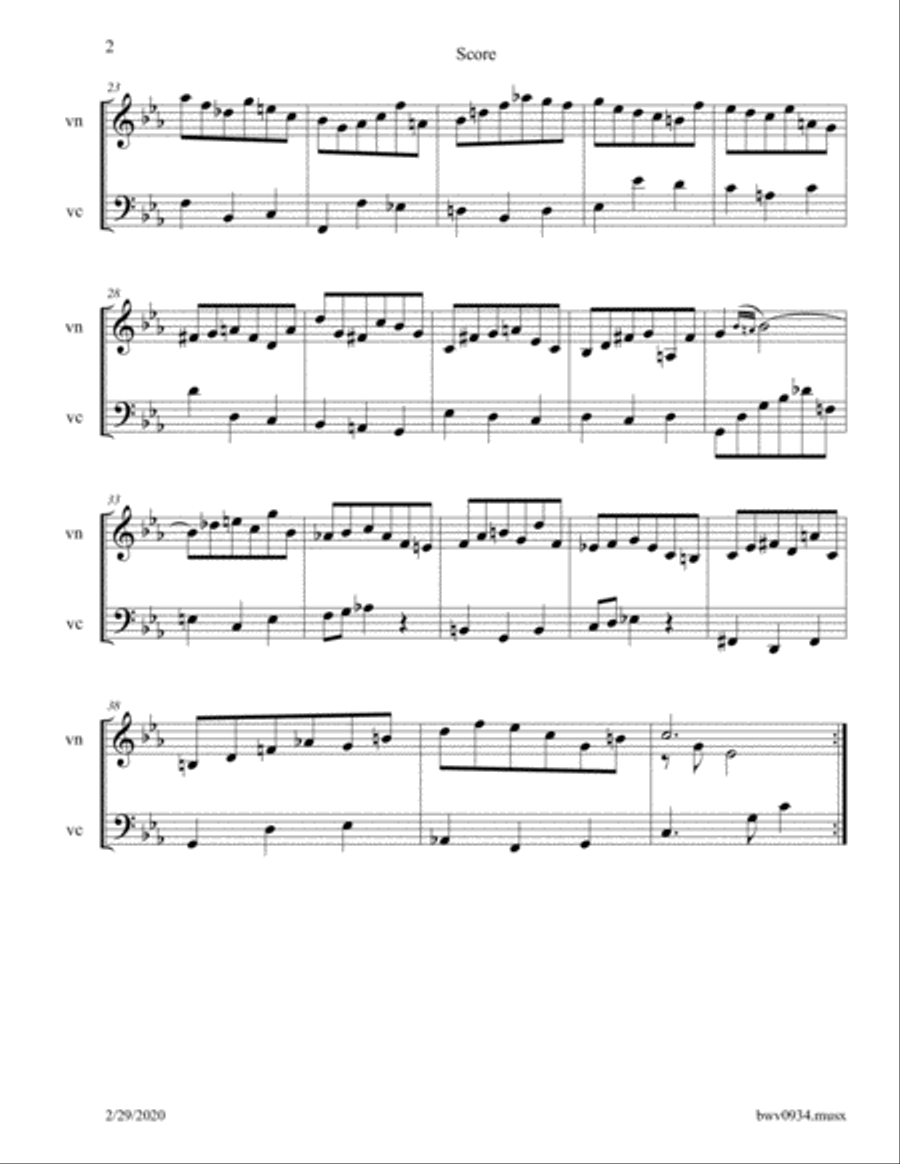 Bach: Prelude in C minor BWV 934 arranged for Violin and Cello String Duet scores gallery preview page 2