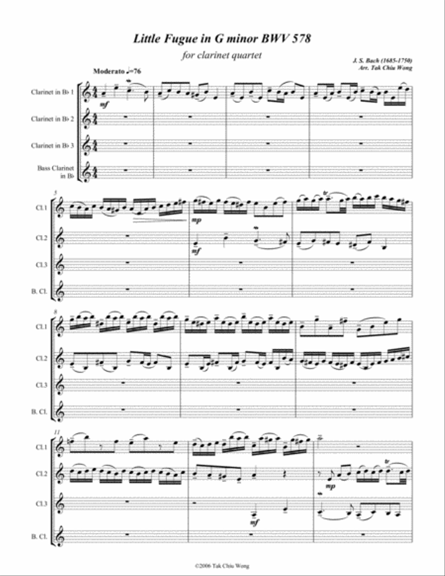 Little Fugue in G minor arranged for Clarinet Quartet Clarinet Quartet scores gallery preview page 2