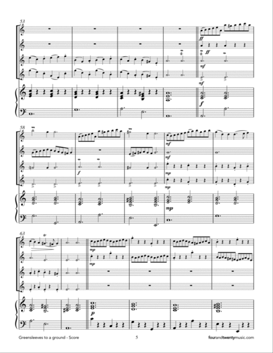 Greensleeves to Ground, arranged for 4 flutes and piano Flute Solo scores gallery preview page 5