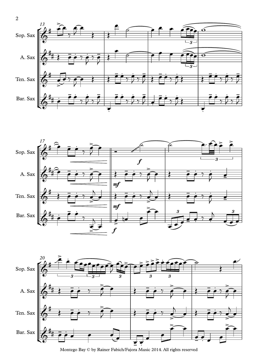 Montego Bay from Five Sax Reggaes Woodwind Quartet scores gallery preview page 3