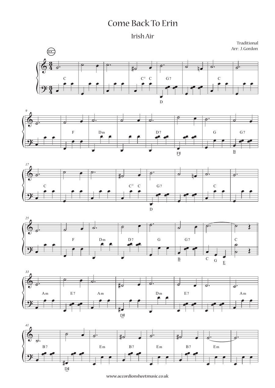 Come Back To Erin Accordion scores gallery preview page 1