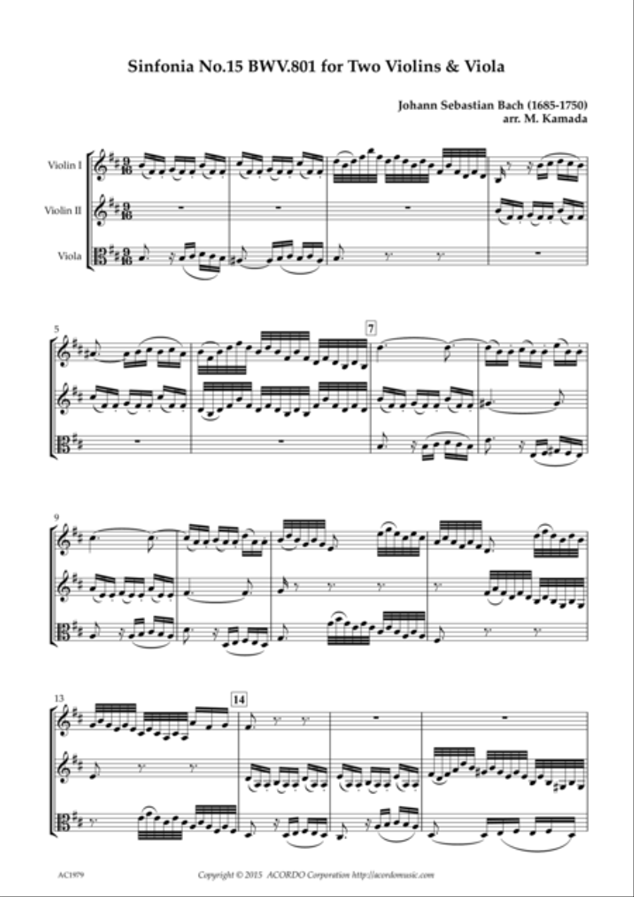Sinfonia No.15 BWV.801 for Two Violins & Viola String Duet scores gallery preview page 1