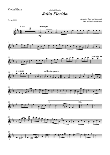 Julia Florida - A. Barrios Mangoré for Violin/Flute and Guitar image number null