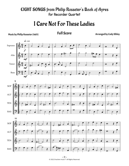 Rosseter Ayre: I Care Not For These Ladies for Recorder Quartet image number null