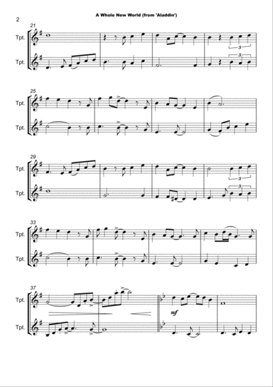 A Whole New World (from 'Aladdin') Trumpet Duet scores gallery preview page 3