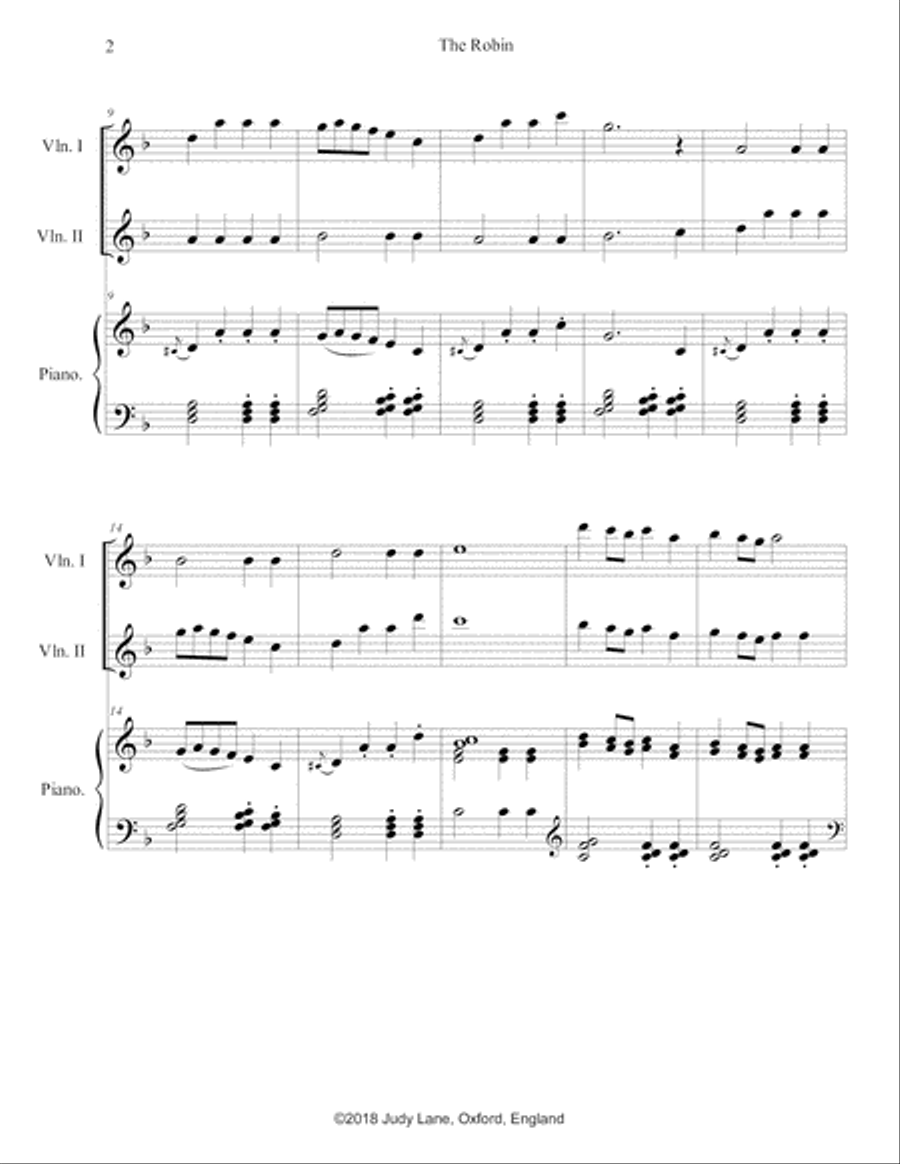 The Robin - [Instrumental version of the song] for piano 2 violins or flutes Woodwind Ensemble scores gallery preview page 3