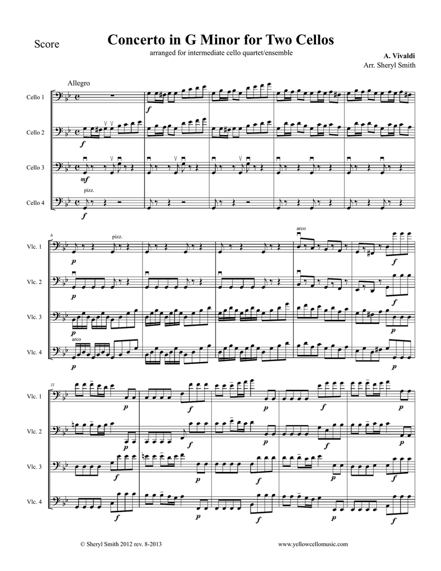 Vivaldi Concerto for Two Cellos in G Minor, arranged for cello quartet (four cellos), RV 531 1st mov String Orchestra scores gallery preview page 1