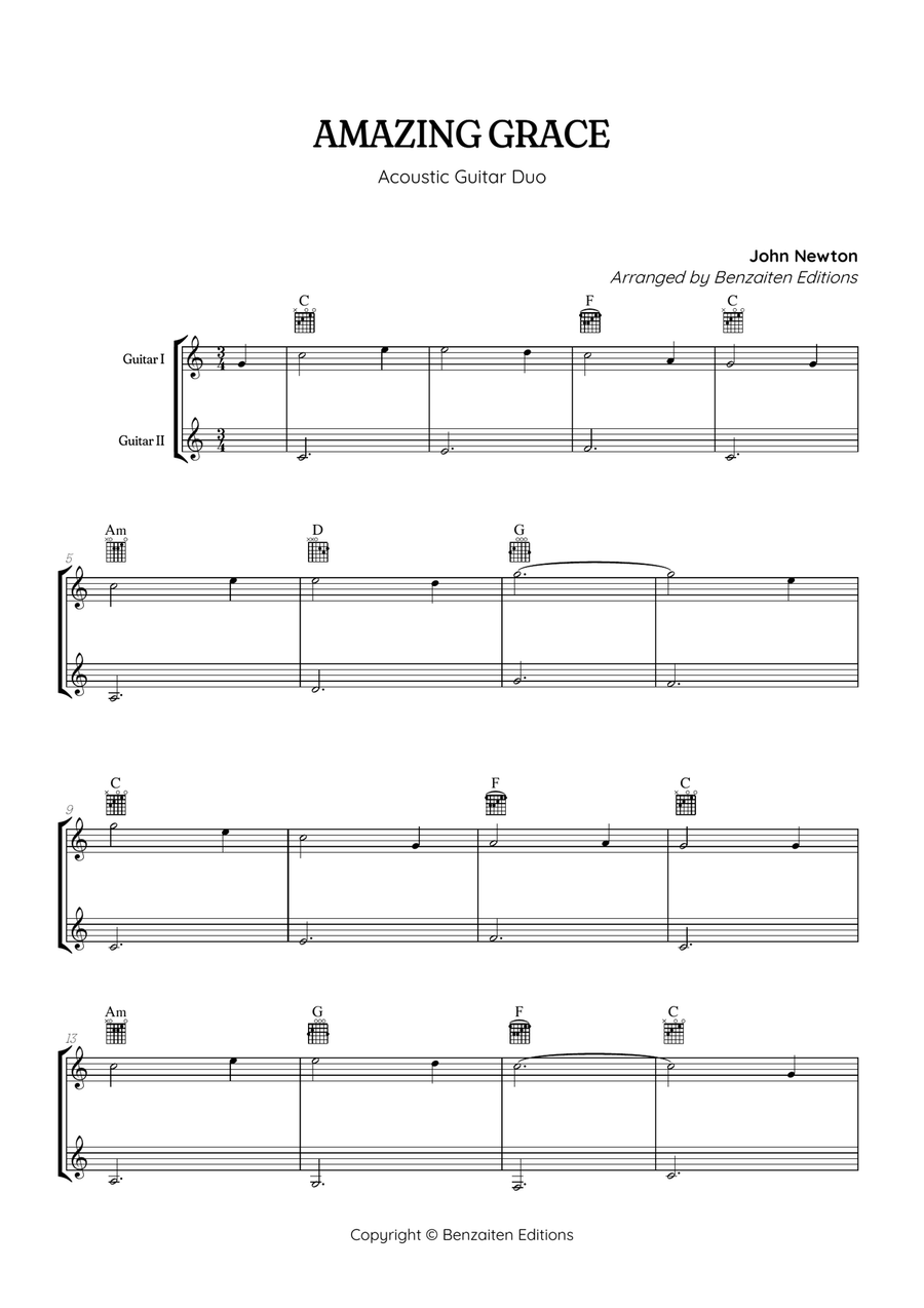 Amazing Grace • super easy acoustic guitar duet sheet music with chords Acoustic Guitar scores gallery preview page 1
