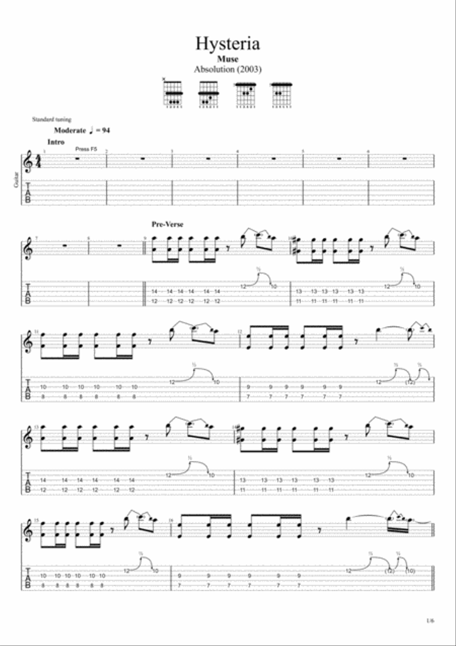 Hysteria Hysteria Guitar Tablature scores gallery preview page 1