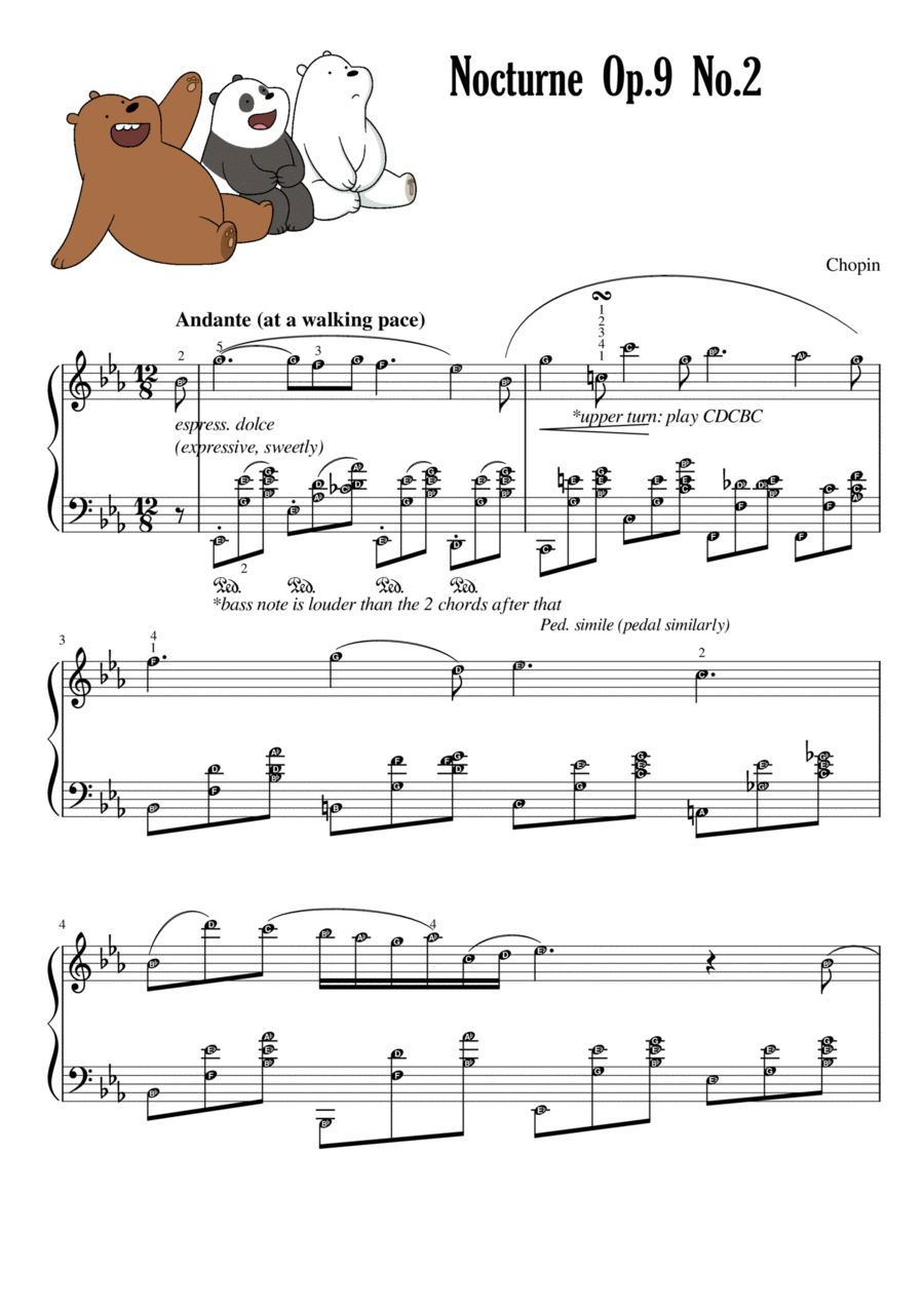 Nocturne Op. 9 No. 2 (Chopin) | With Note Names, Finger Numbers & Meanings Piano Solo scores gallery preview page 1