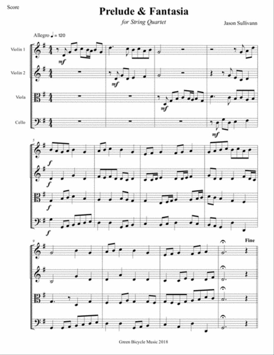 Prelude and Fantasia in G for String Quartet String Quartet scores gallery preview page 1