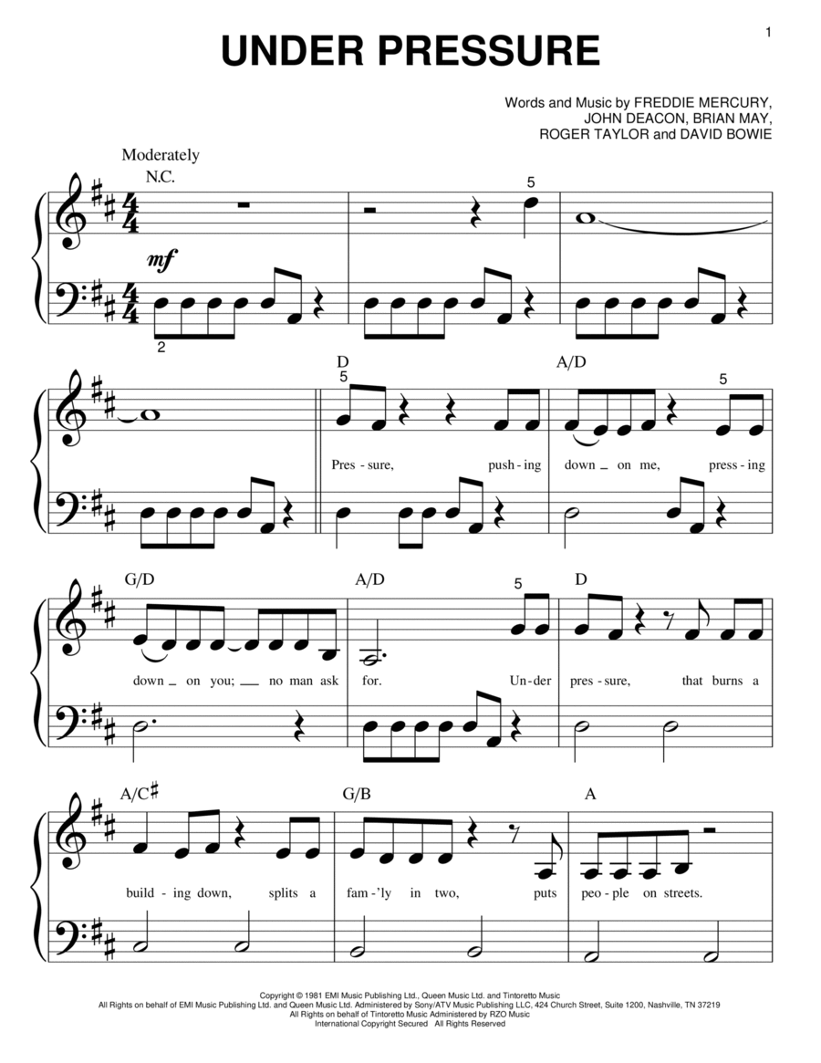 Under Pressure Easy Piano scores gallery preview page 1