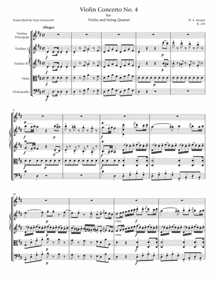 Mozart - Violin Concerto No. 4, K. 218 (Transcribed for Violin and String Quartet)
