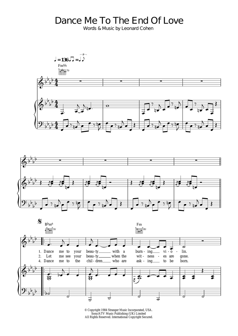 Dance Me To The End Of Love Piano, Vocal, Guitar scores gallery preview page 1