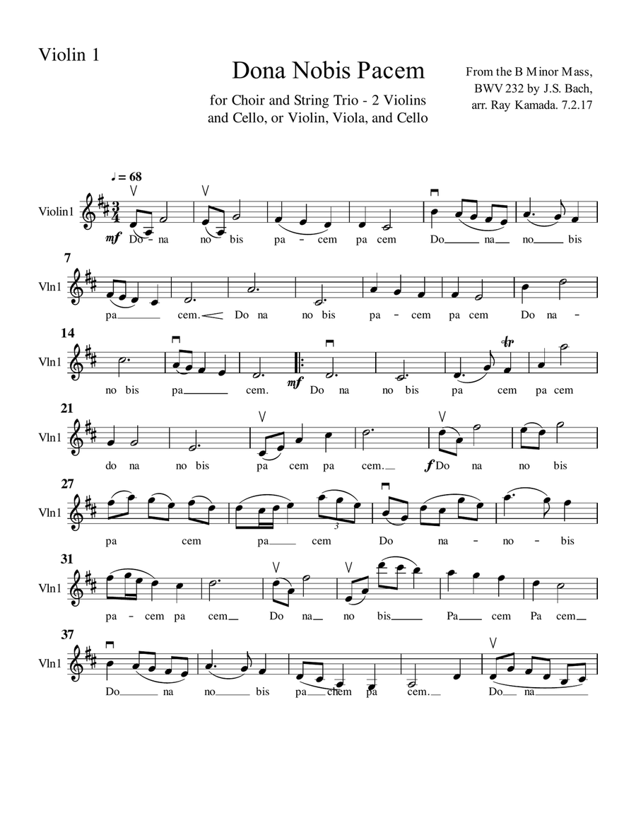 Dona Nobis Pachem, for 2 Violins (or Violin, Viola), and Cello, with Lyrics String Trio scores gallery preview page 5
