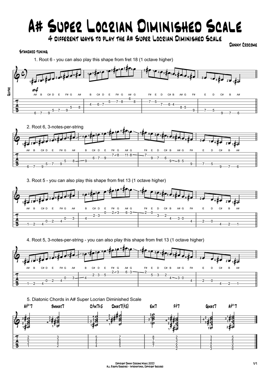 A# Super Locrian Diminished Scale (4 Ways to Play) Electric Guitar scores gallery preview page 1