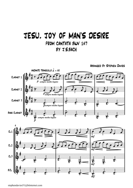 Jesu, Joy Of Man's Desire' from Cantata BWV147 by J.S.Bach for Clarinet Quartet. image number null
