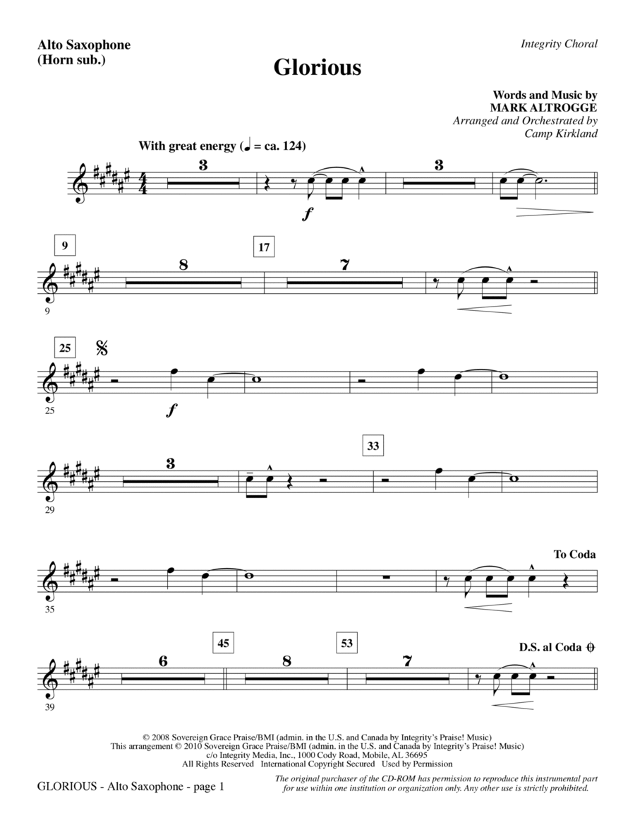 Glorious - Alto Sax (sub. Horn) Choir scores gallery preview page 1