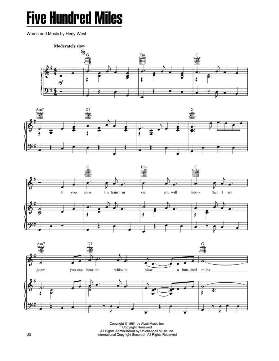 Five Hundred Miles Piano, Vocal, Guitar scores gallery preview page 1