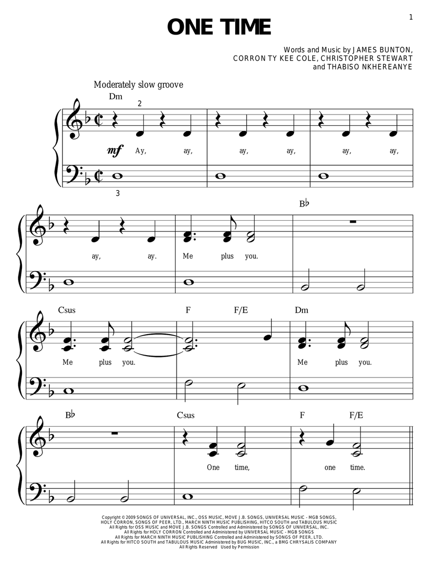 One Time Easy Piano scores gallery preview page 1