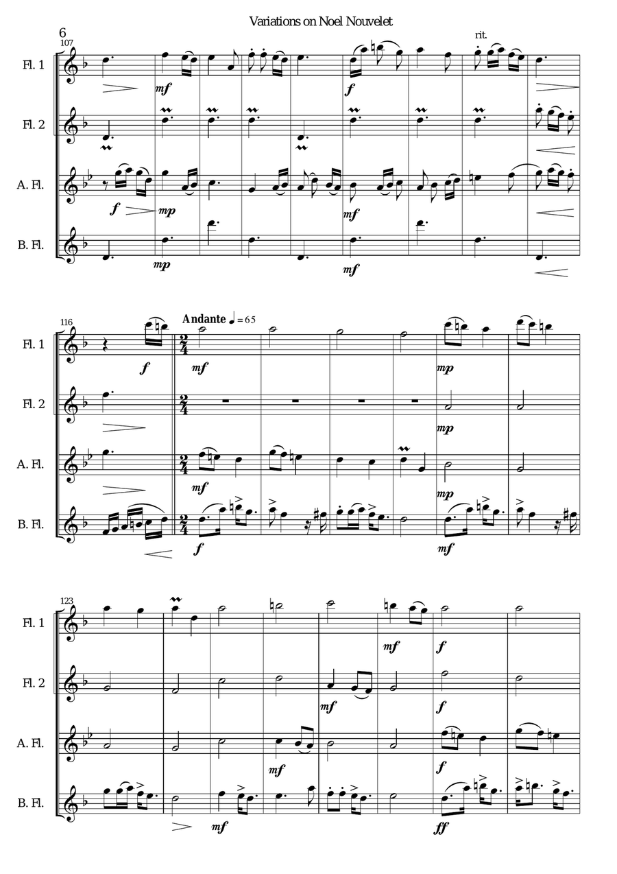 Variations on Noel Nouvelet for flute quartet Flute Quartet scores gallery preview page 6