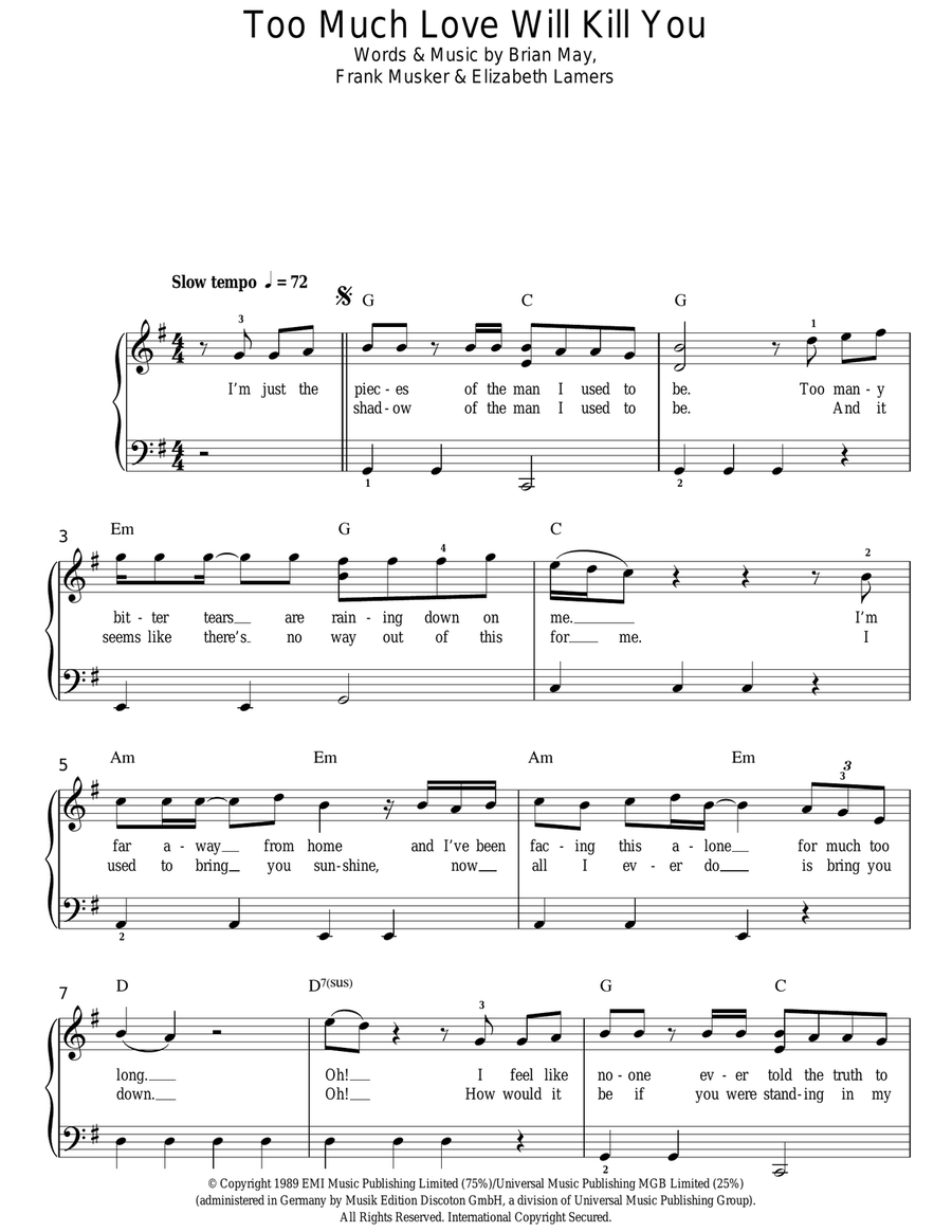 Too Much Love Will Kill You Easy Piano scores gallery preview page 1