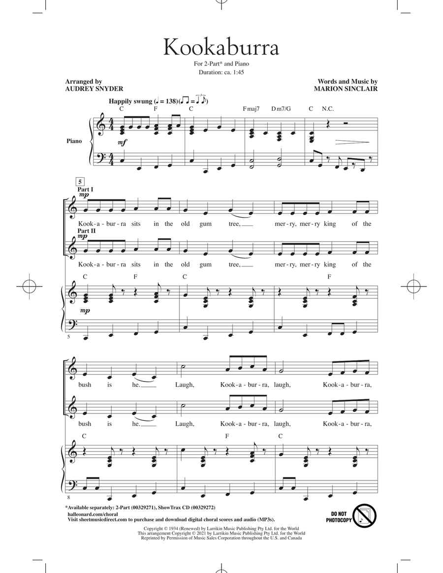 Kookaburra (Kookaburra Sits In The Old Gum Tree) (arr. Audrey Snyder) 2-Part scores gallery preview page 1