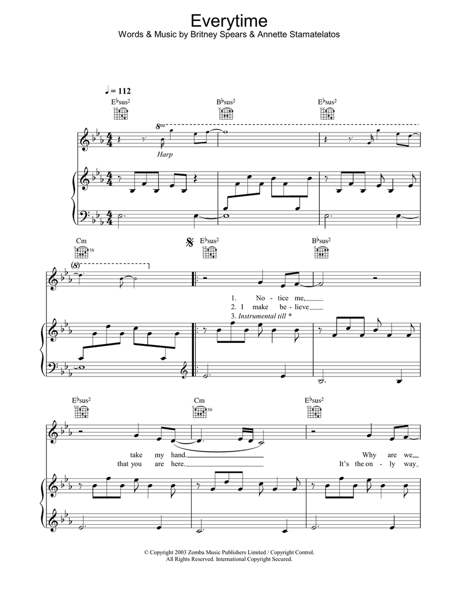 Everytime Piano, Vocal, Guitar scores gallery preview page 1