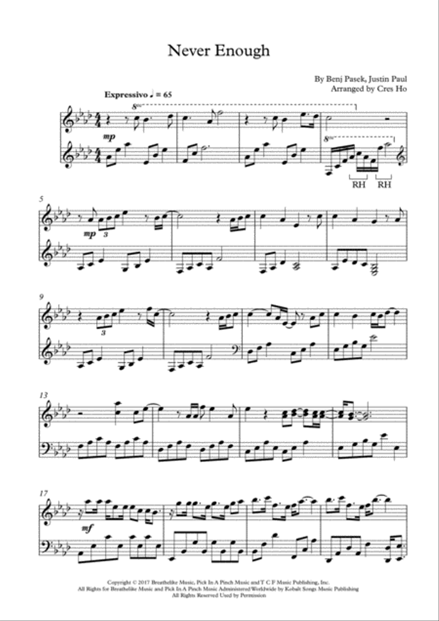Never Enough Piano Solo scores gallery preview page 1