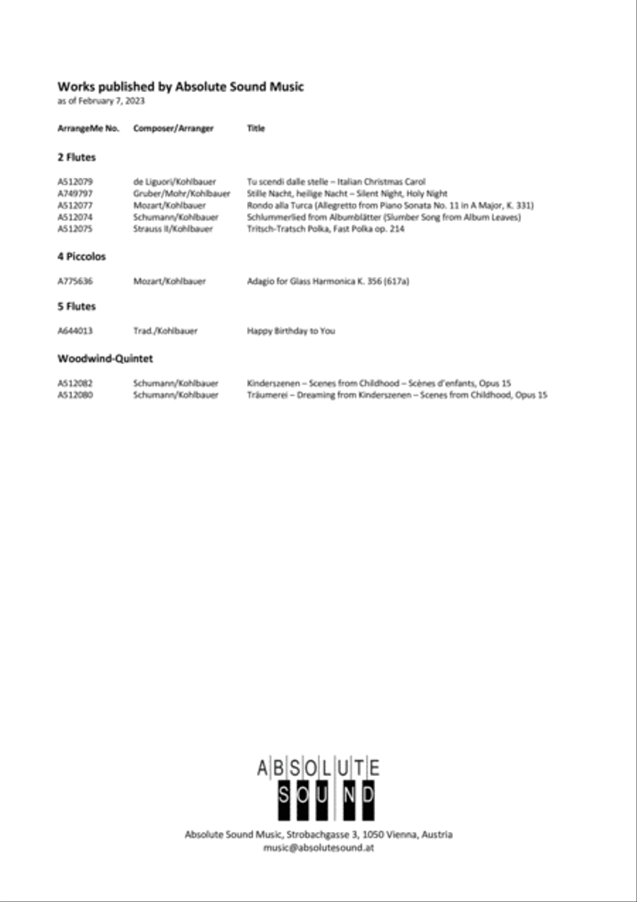 Adagio for Glass Harmonica K. 356 (617) for 4 Piccolos - Adagio für Glasharmonika für 4 Piccoli Woodwind Quartet scores gallery preview page 2