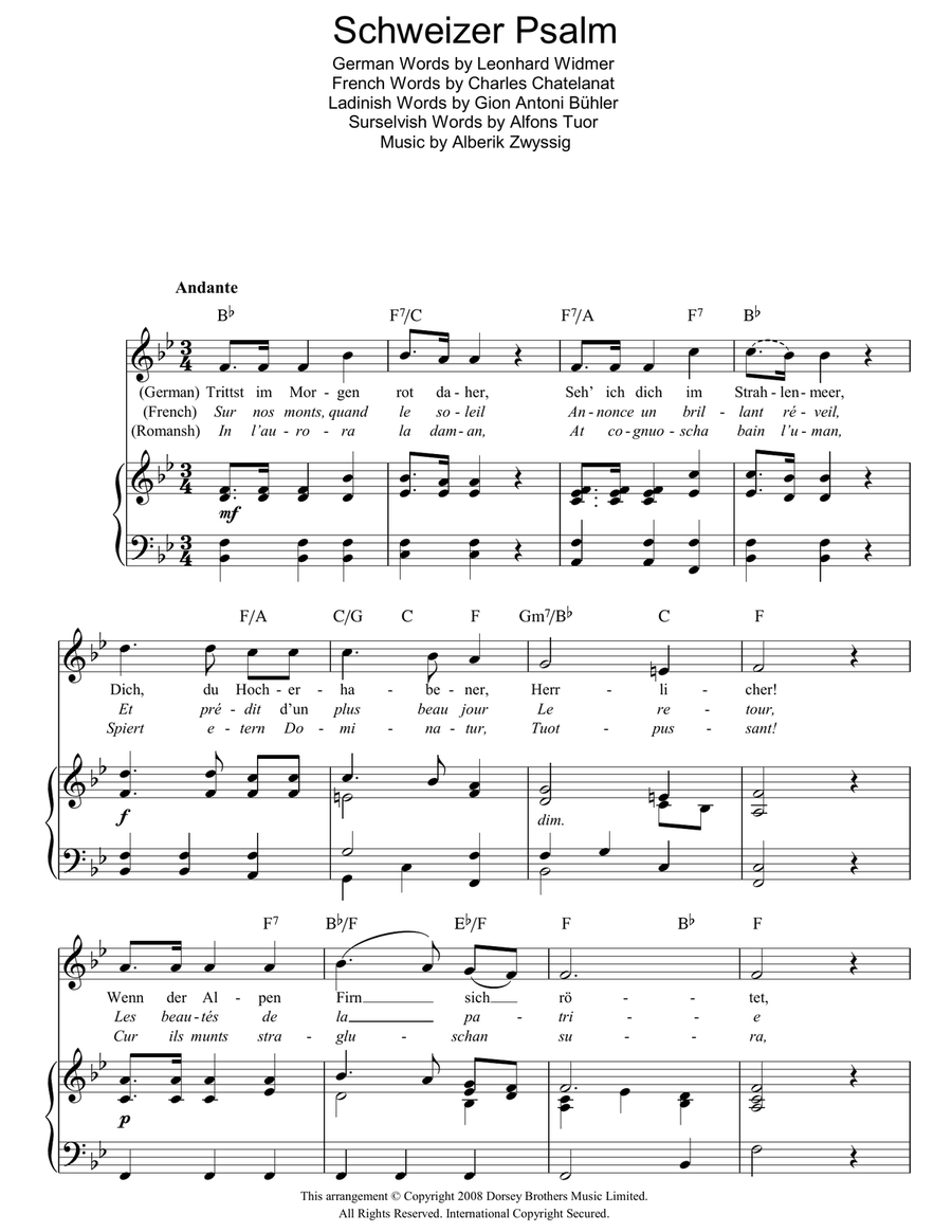 Schweizer Psalm (Swiss National Anthem) Piano, Vocal, Guitar scores gallery preview page 1