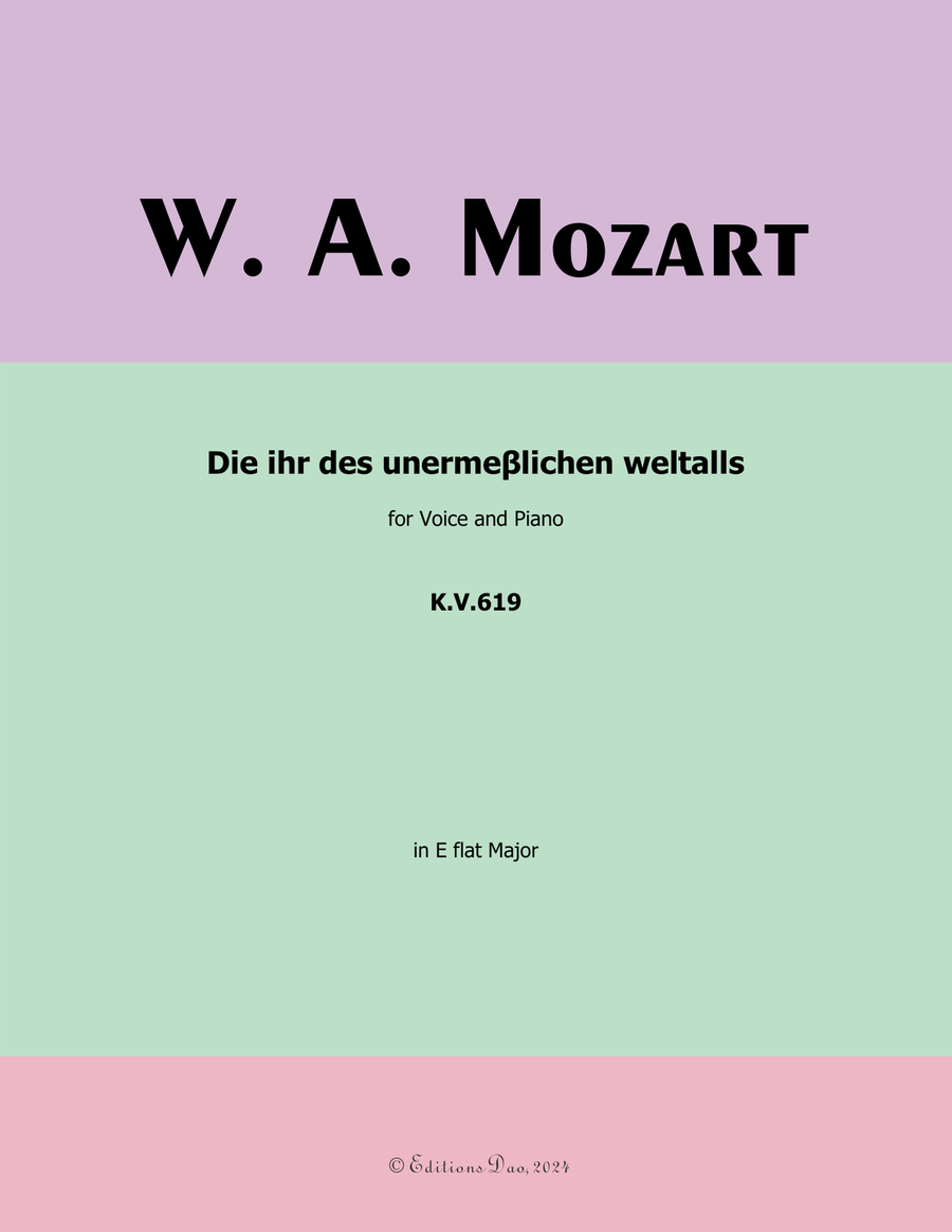 Die ihr des unermeβlichen weltalls, by Mozart, K.V.619, in E flat Major Piano, Vocal scores gallery preview page 1
