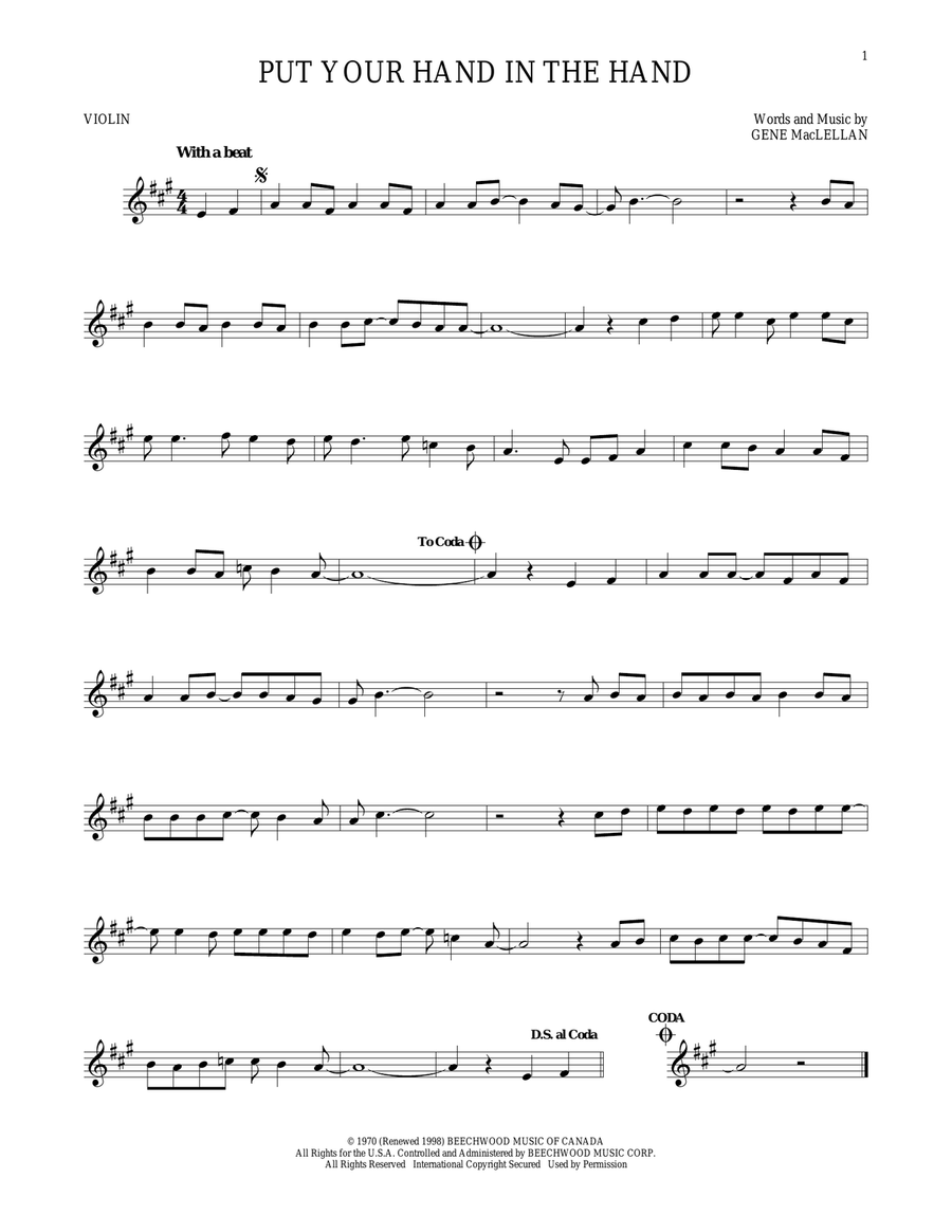 Put Your Hand In The Hand Violin Solo scores gallery preview page 1