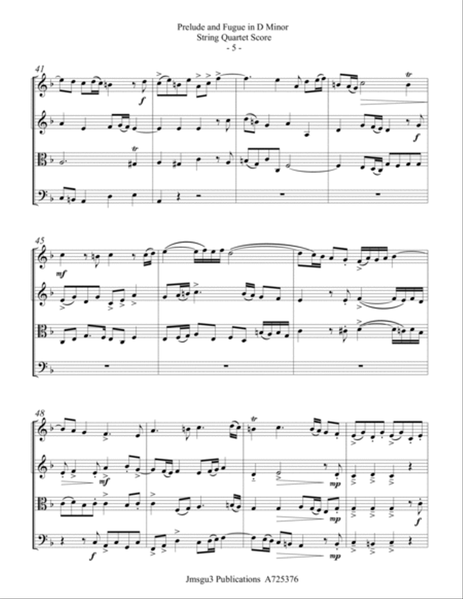 Bach: Prelude & Fugue in D Minor BWV 554 for String Quartet String Quartet scores gallery preview page 5